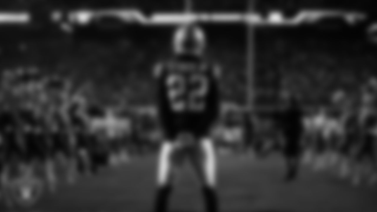 Las Vegas Raiders cornerback Eric Stokes (22) is introduced onto the field before the regular season home game against the Dallas Cowboys at Allegiant Stadium.