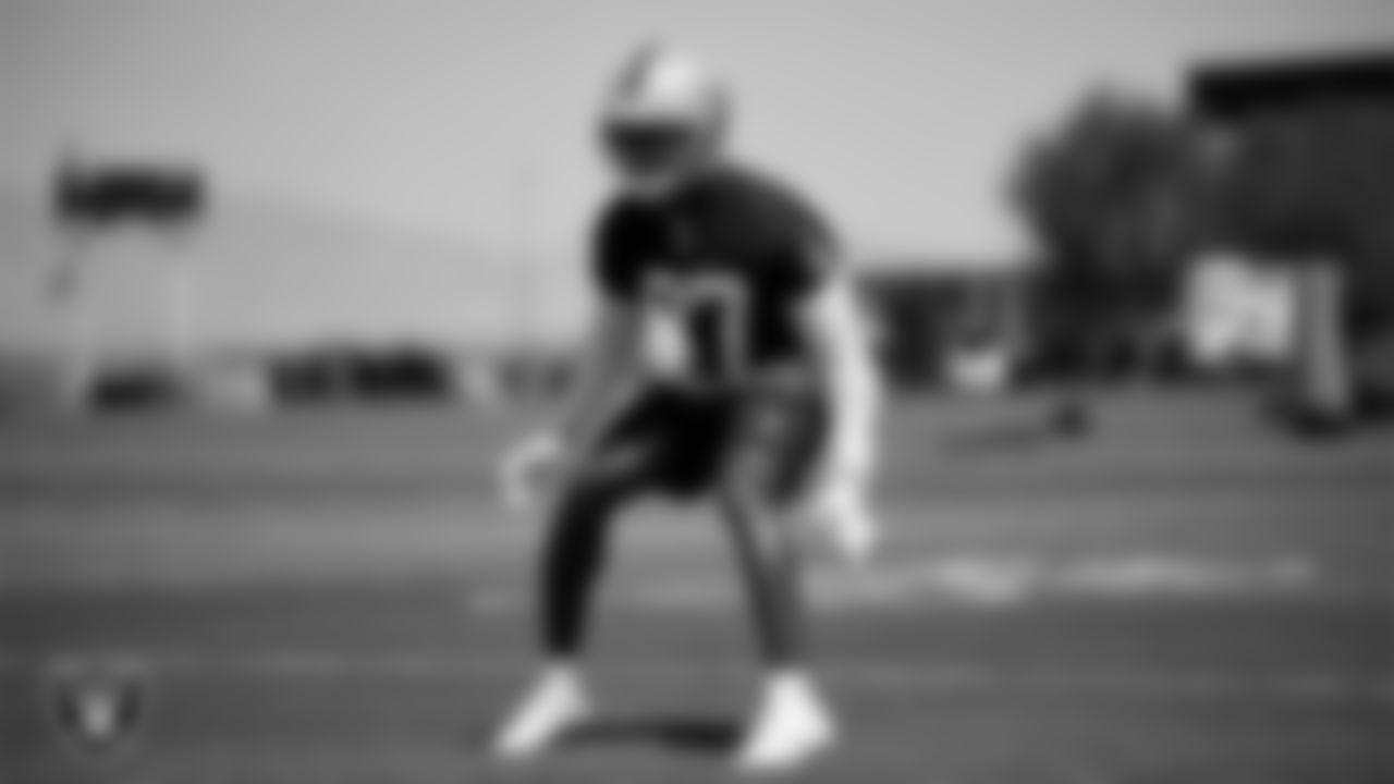 Las Vegas Raiders cornerback Sam Webb (27) on the field for mandatory minicamp at Intermountain Health Performance Center.