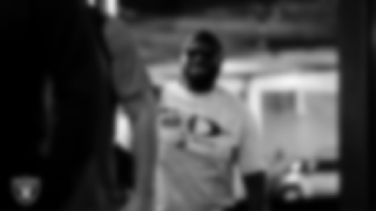 Las Vegas Raiders guard McClendon Curtis (63) arrives to the regular season home game against the New York Giants at Allegiant Stadium.