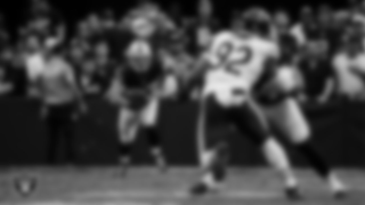 Las Vegas Raiders running back Dylan Laube (23) returns a kickoff during the regular season home game against the Chicago Bears at Allegiant Stadium.