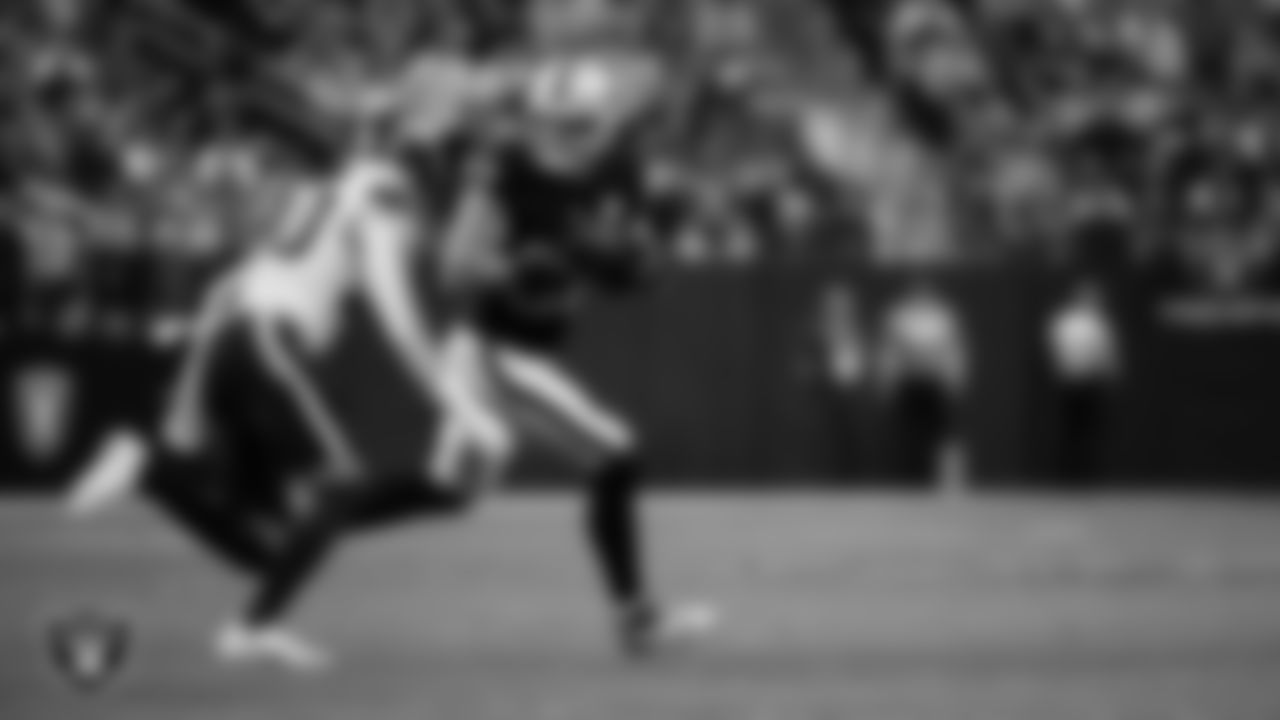 Las Vegas Raiders tight end Michael Mayer (87) runs after making a catch during the regular season home game against the Denver Broncos at Allegiant Stadium, Sunday, November 24, 2024, in Las Vegas, Nev.