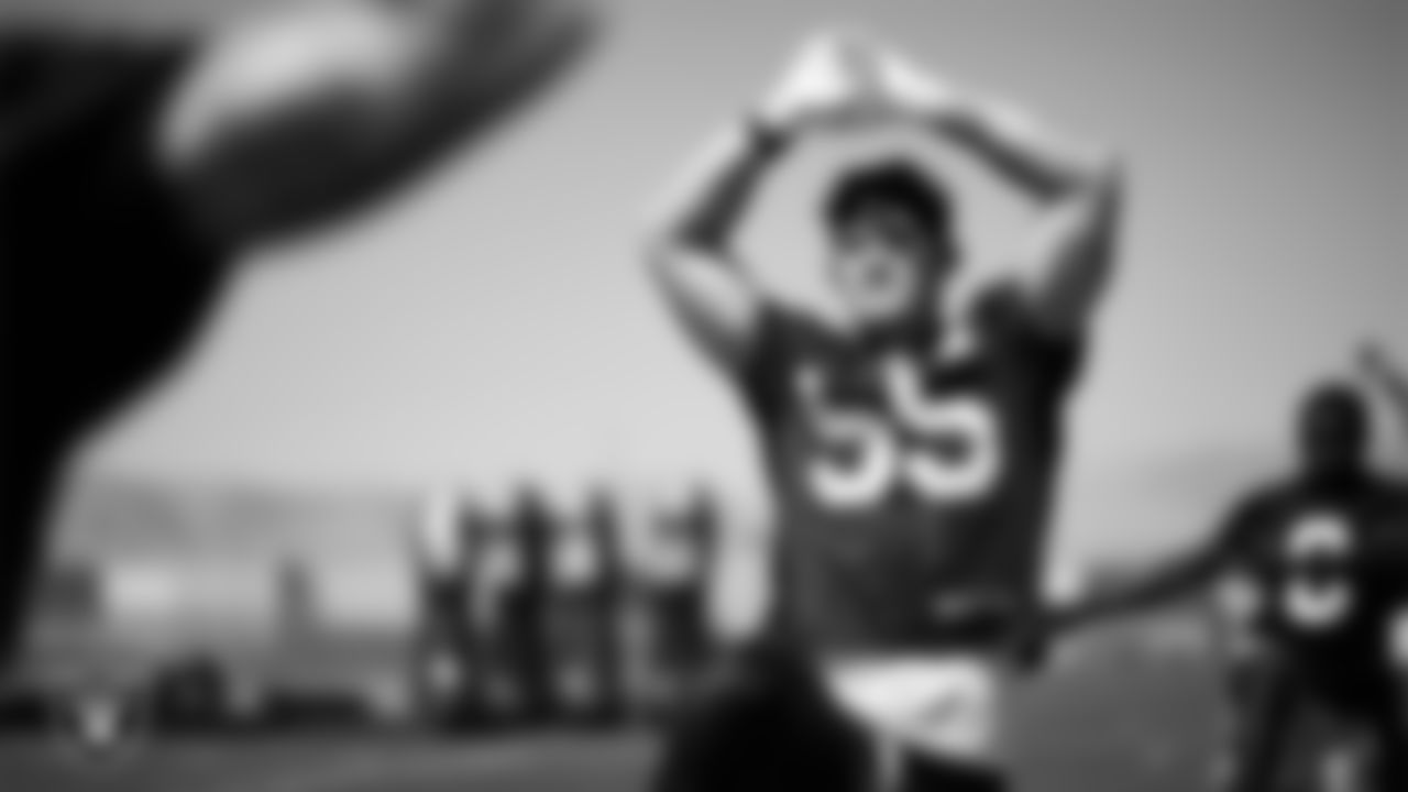 Las Vegas Raiders linebacker Cody Lindenberg (55) at an Organized Team Activity (OTA) at Intermountain Health Performance Center.