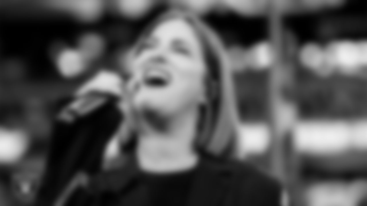 Singer Cassadee Pope performs the national anthem before the Las Vegas Raiders' regular season home game against the Cleveland Browns at Allegiant Stadium.