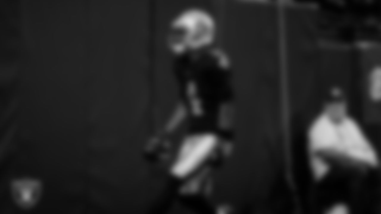 Las Vegas Raiders wide receiver Shedrick Jackson (4) celebrates after making a 25-yard touchdown catch during the regular season home game against the Denver Broncos at Allegiant Stadium.