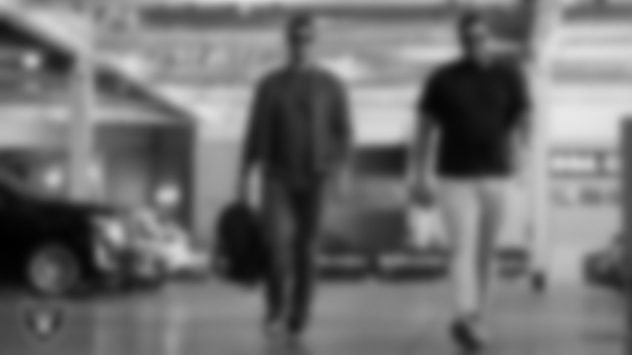 Las Vegas Raiders quarterback Jimmy Garoppolo (10) and guard Greg Van Roten (70) arrive to the regular season home game against the New York Jets at Allegiant Stadium.