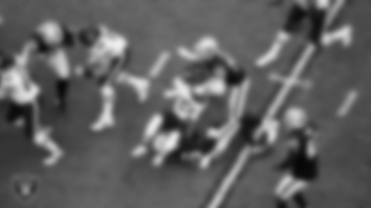 Las Vegas Raiders cornerback Kyu Blu Kelly (36) makes a tackle during the regular season home game against the Chicago Bears at Allegiant Stadium.