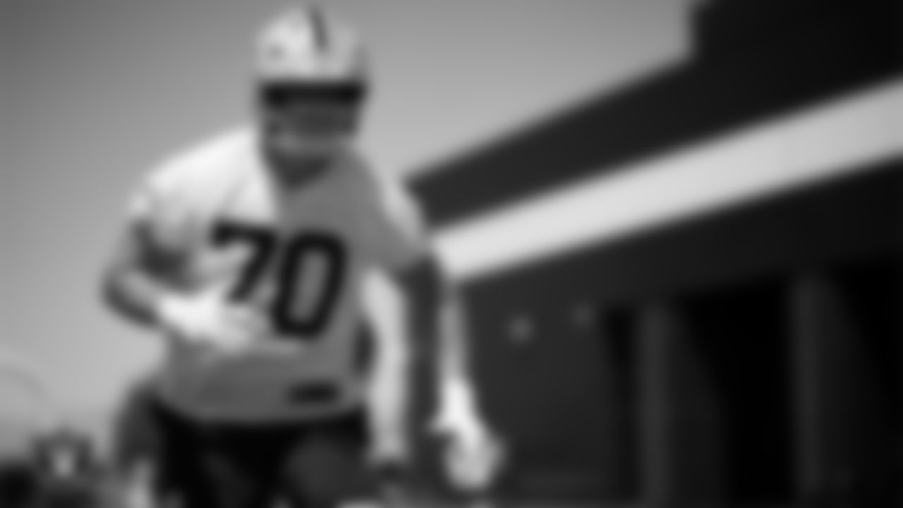 Las Vegas Raiders tackle Parker Clements (70) at day one of 2025 Rookie Minicamp at Intermountain Health Performance Center.