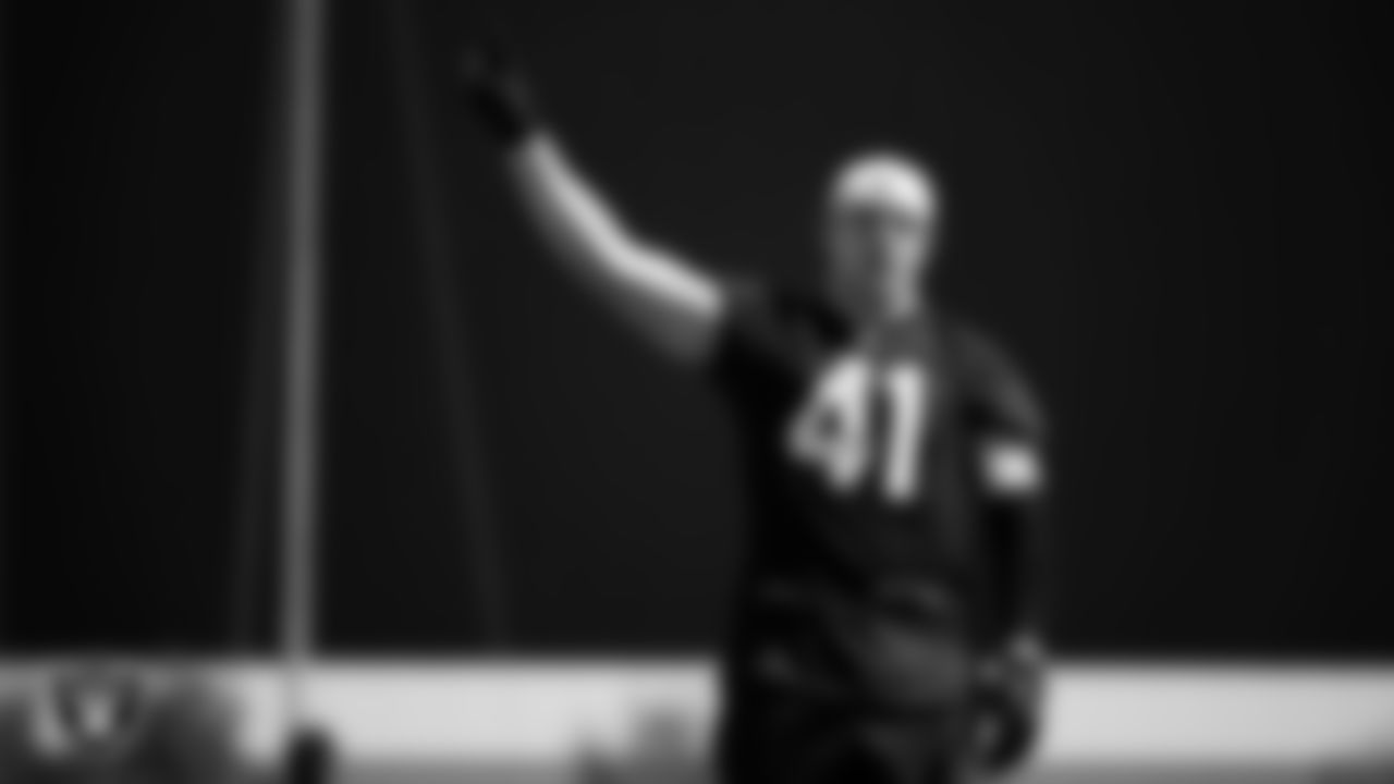 Las Vegas Raiders linebacker Robert Spillane (41) at a workout during phase two of the offseason program at Intermountain Health Performance Center.