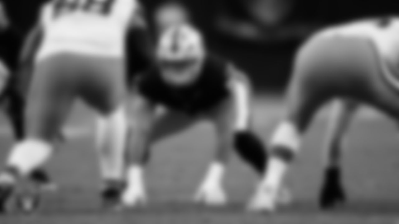 Las Vegas Raiders defensive tackle Jonah Laulu (96) lines up before the snap during the regular season home game against the Cleveland Browns at Allegiant Stadium.