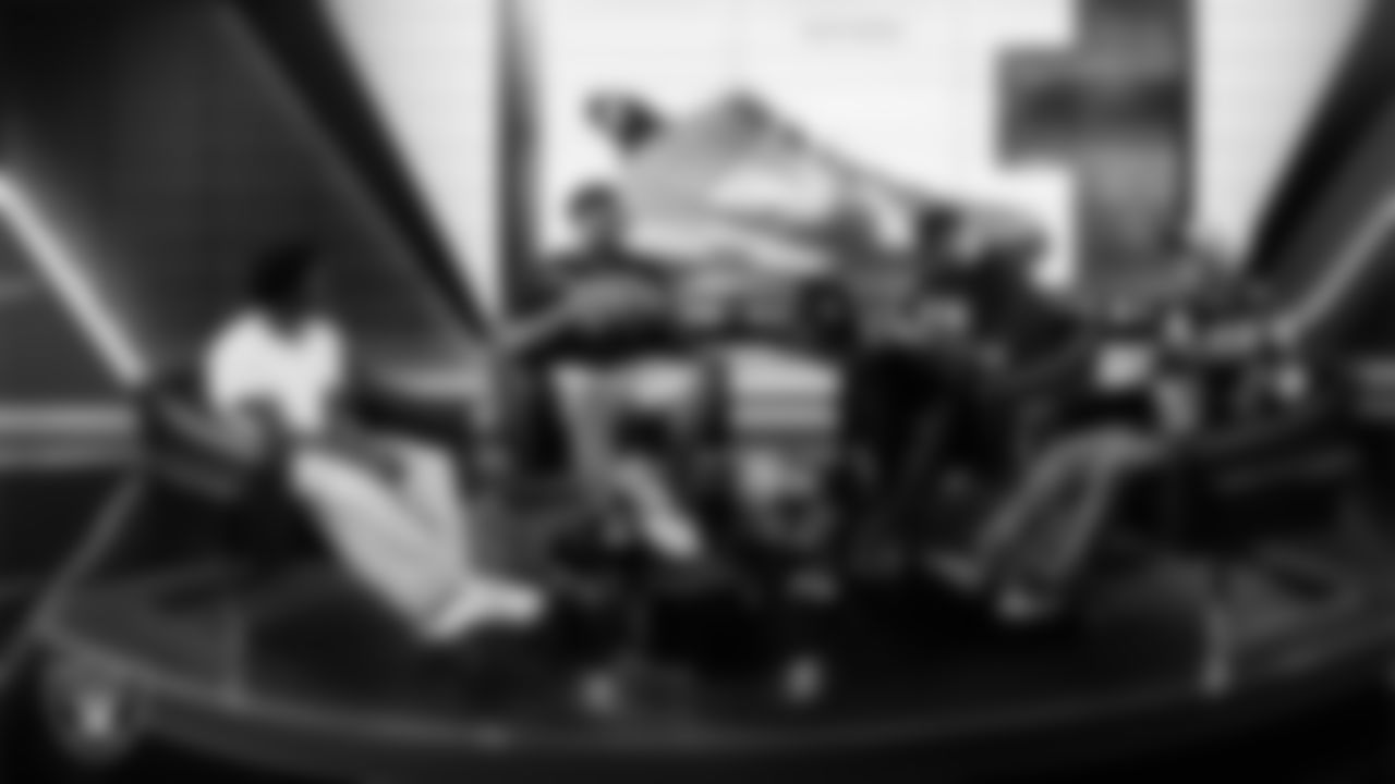 Las Vegas Raiders guard Caleb Rogers (76) works with representatives from Hope Means Nevada and designers to design cleats for My Cause My Cleats in Cox Studios at Intermountain Health Performance Center.