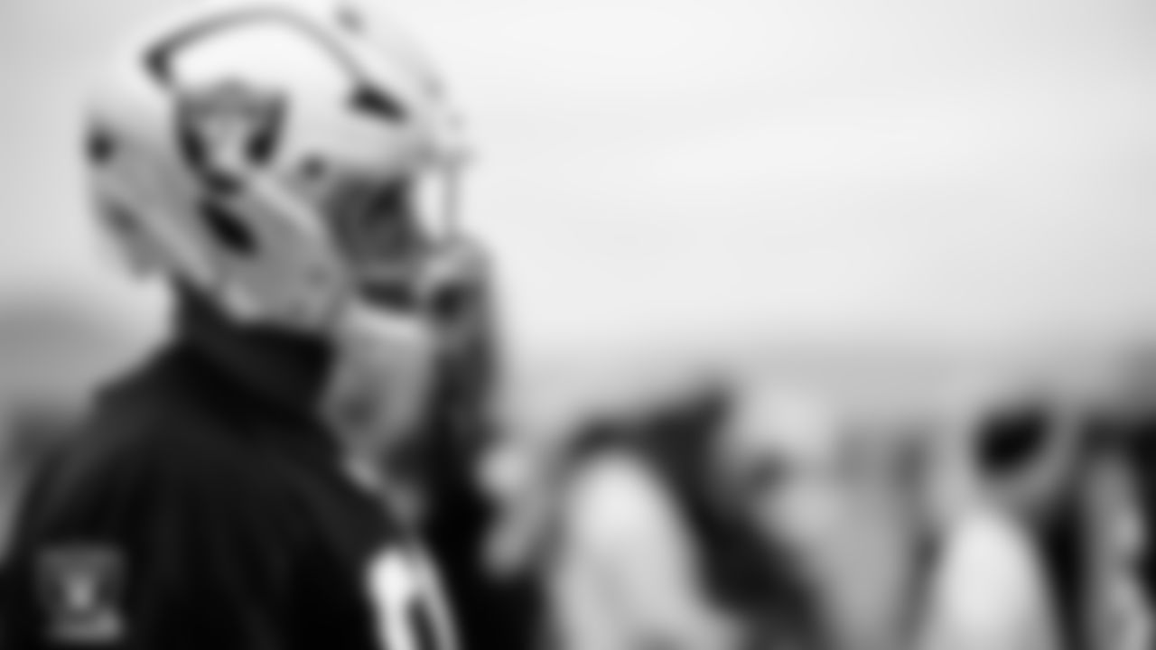 Las Vegas Raiders tackle Charles Grant (60) during practice at Intermountain Health Performance Center.