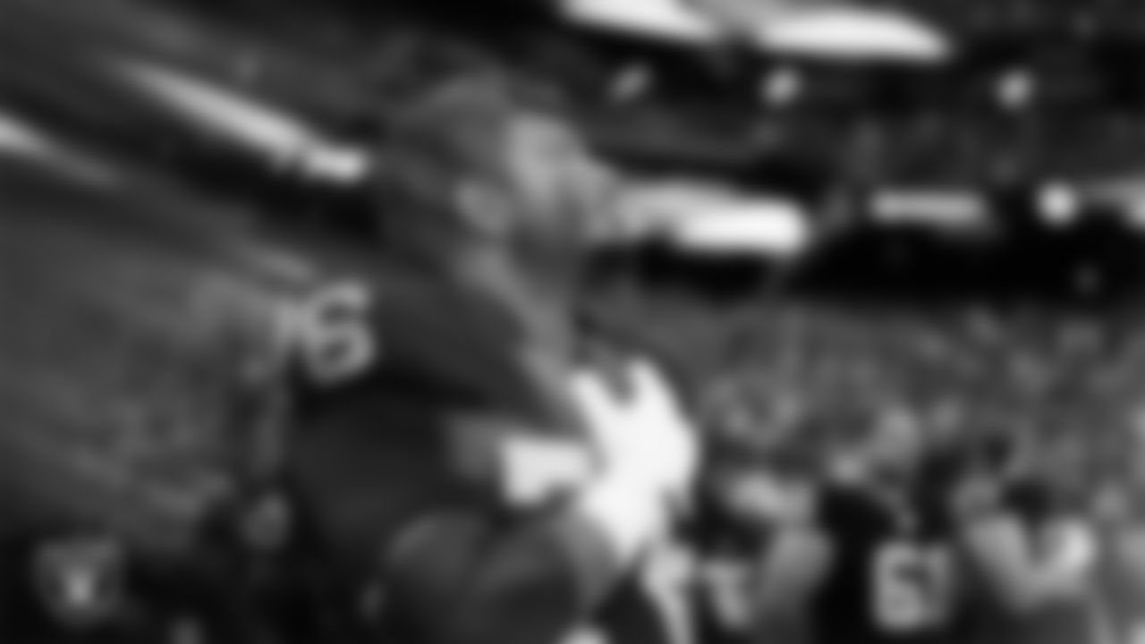 Las Vegas Raiders guard Caleb Rogers (76) during the national anthem before the regular season home game against the Cleveland Browns at Allegiant Stadium.