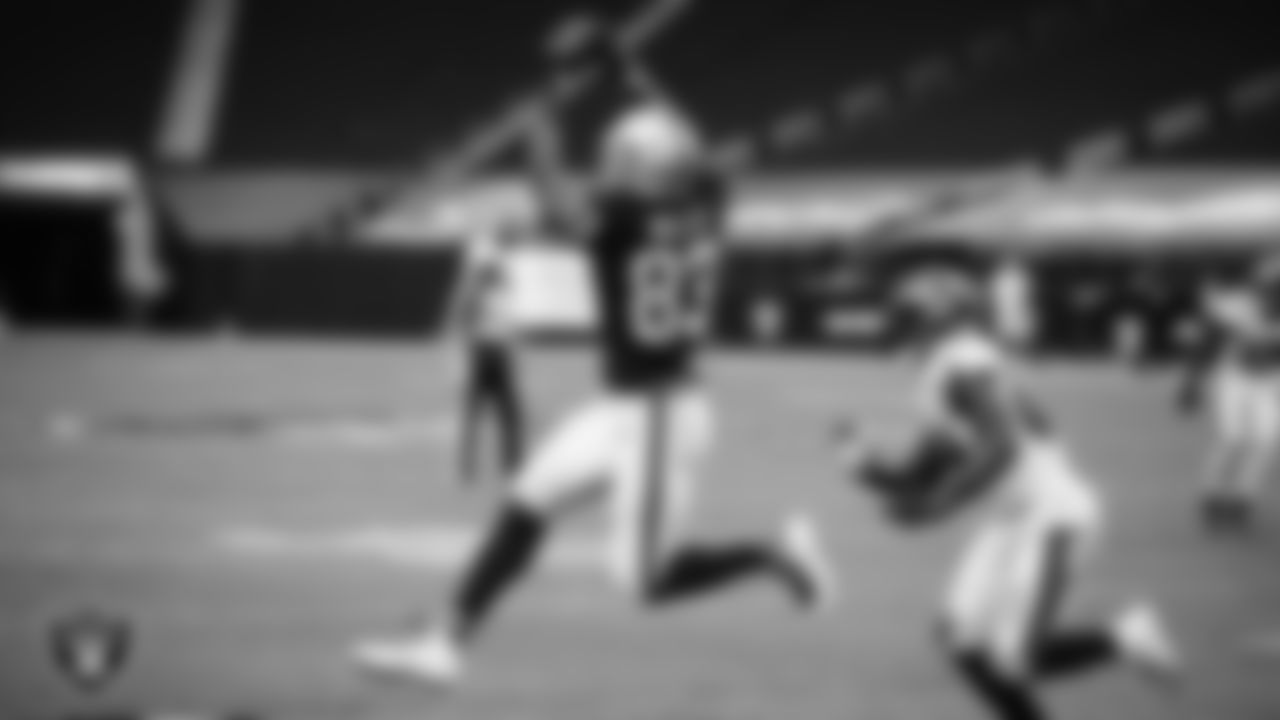 Las Vegas Raiders tight end Darren Waller (83) goes up for a catch during the regular season home game against the Tampa Bay Buccaneers at Allegiant Stadium, Sunday, October 25, 2020, in Las Vegas, Nev.