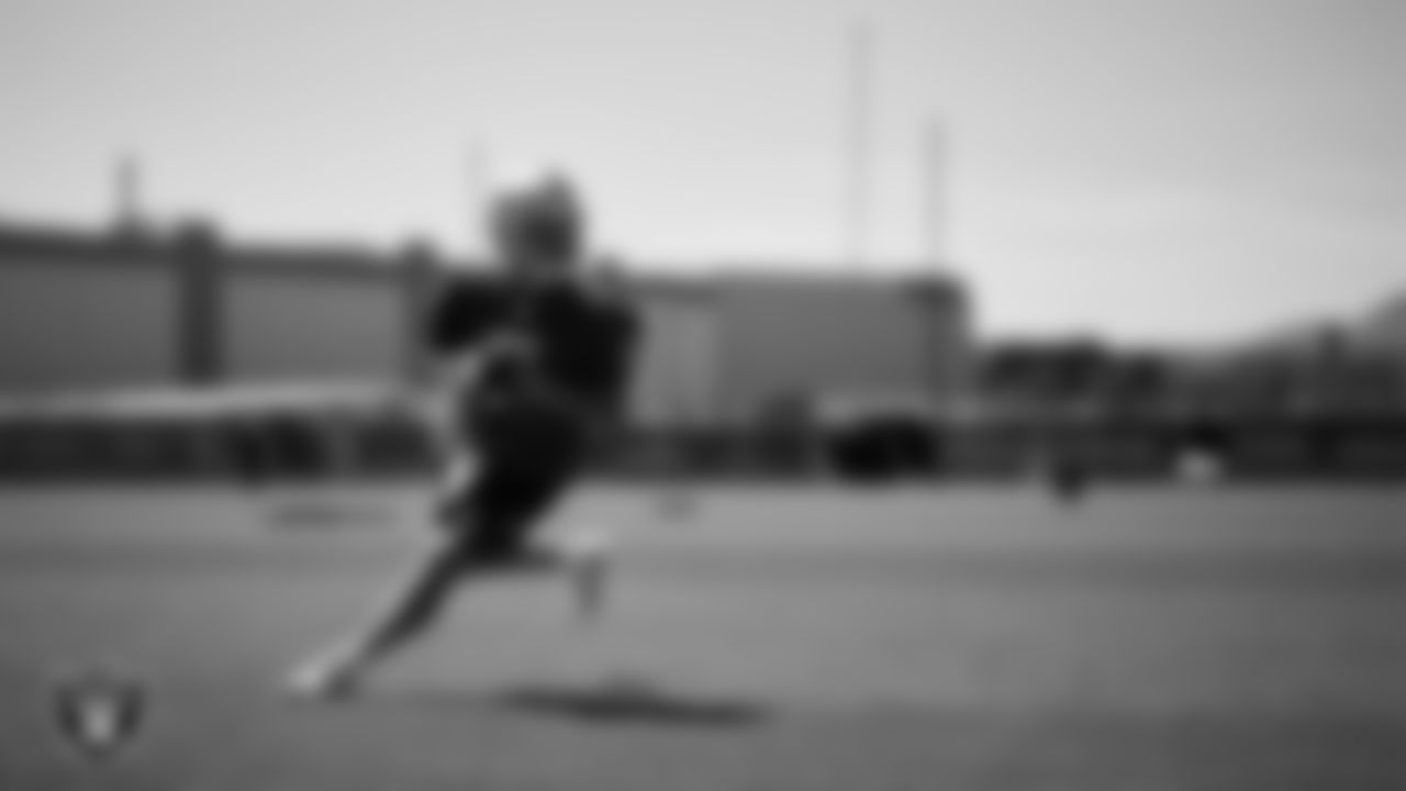 Las Vegas Raiders quarterback Cam Miller (5) on the field for mandatory minicamp at Intermountain Health Performance Center.