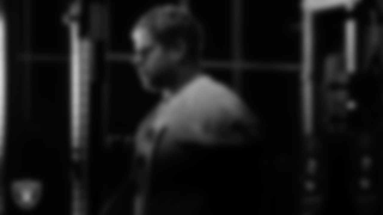 Las Vegas Raiders center/guard Jordan Meredith (61) in the weight room during practice at Intermountain Health Performance Center.