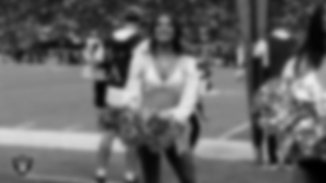 Raiderette Reagan on the sidelines during the regular season home game against the Cleveland Browns at Allegiant Stadium.