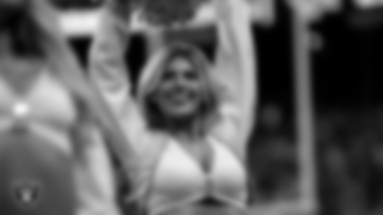 Raiderette Isabella on the sidelines during the regular season home game against the Cleveland Browns at Allegiant Stadium.