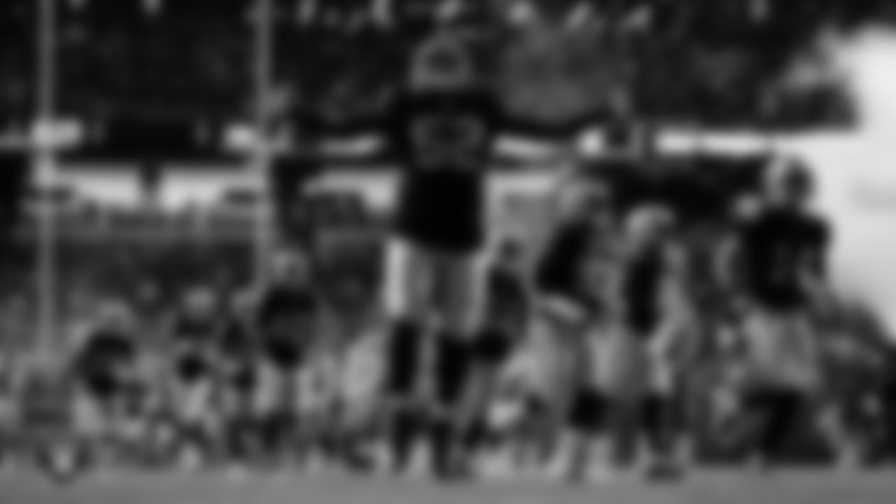 Las Vegas Raiders defensive tackle Marquan McCall (52) as the team is introduced onto the field before their preseason home game against the San Francisco 49ers at Allegiant Stadium.