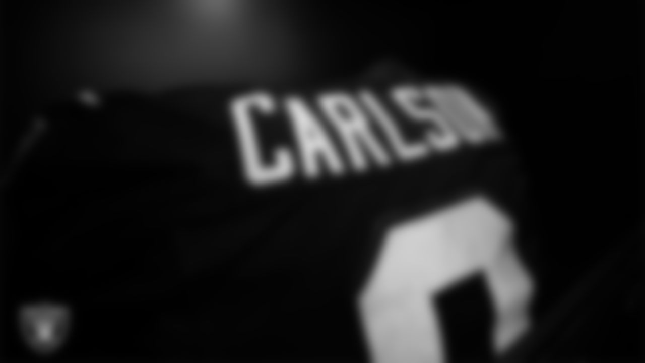 Las Vegas Raiders kicker Daniel Carlson's (8) pads in the locker room prior to the Raiders' arrival for their regular season home game against the Dallas Cowboys at Allegiant Stadium.