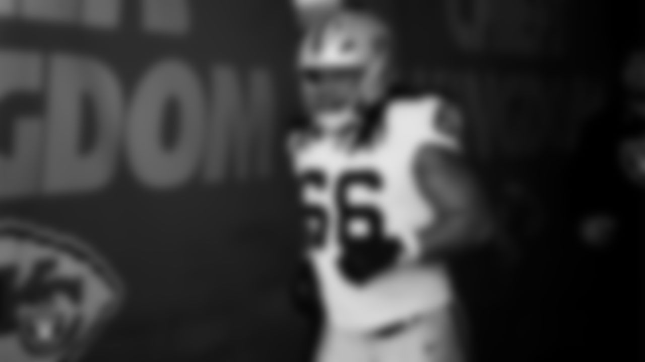 Las Vegas Raiders guard Dylan Parham (66) as the team is introduced onto the field before their regular season away game against the Kansas City Chiefs at GEHA Field at Arrowhead Stadium.