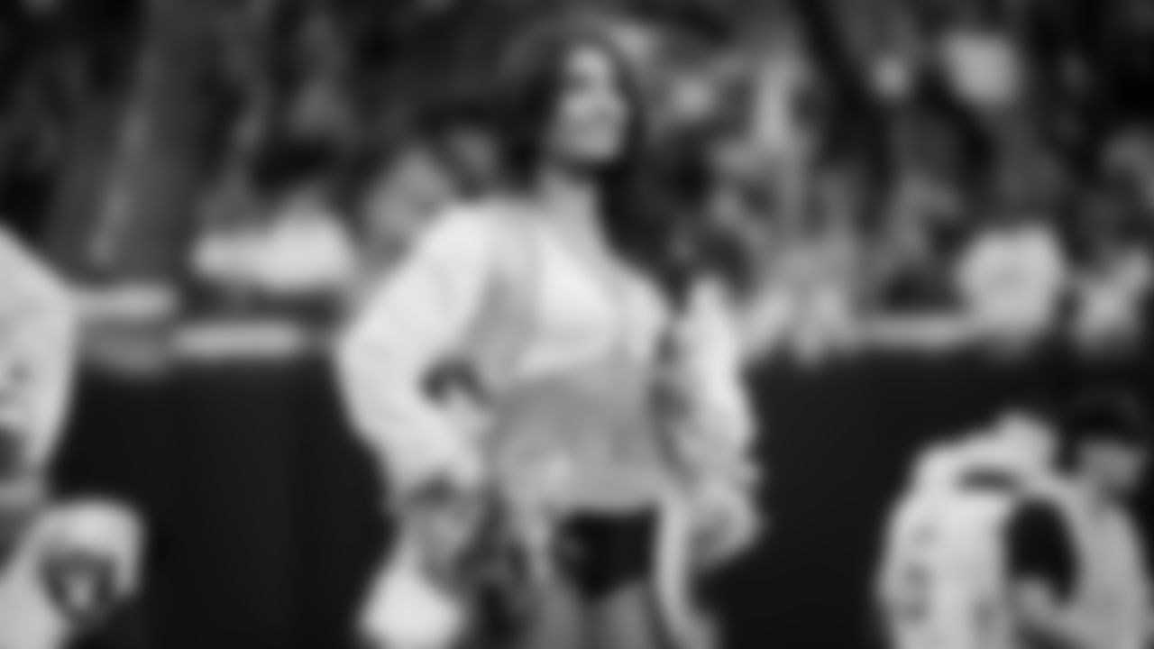 Raiderette Maddie during player introductions before the regular season home game against the Kansas City Chiefs at Allegiant Stadium.