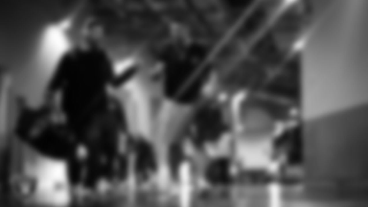 Las Vegas Raiders run game coordinator/defensive line coach Rob Leonard and defensive tackle Treven Ma'ae (68) arrive to the regular season away game against the Los Angeles Chargers at SoFi Stadium.