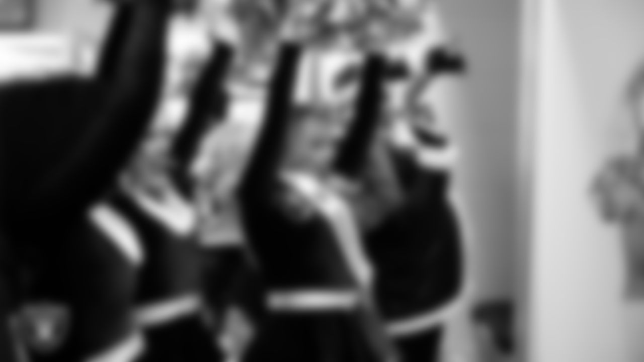 Raiderette Devyn in the locker room before the regular season home game against the New York Giants at Allegiant Stadium.