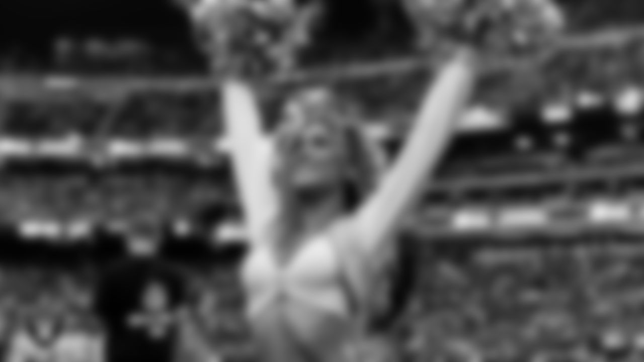 Raiderette Jenna on the sidelines during the preseason home game against the San Francisco 49ers at Allegiant Stadium.