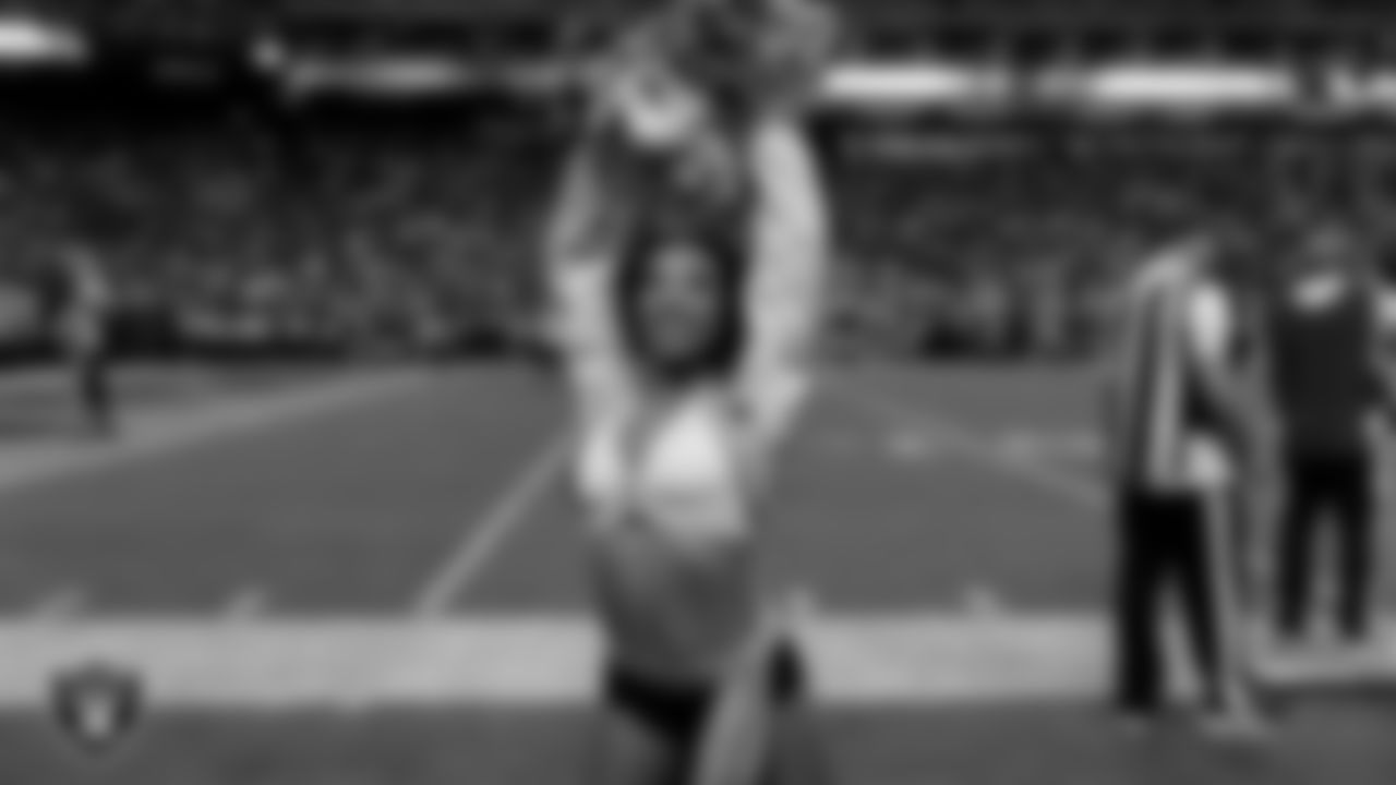 Raiderette Bria on the sidelines during the regular season home game against the Jacksonville Jaguars at Allegiant Stadium.