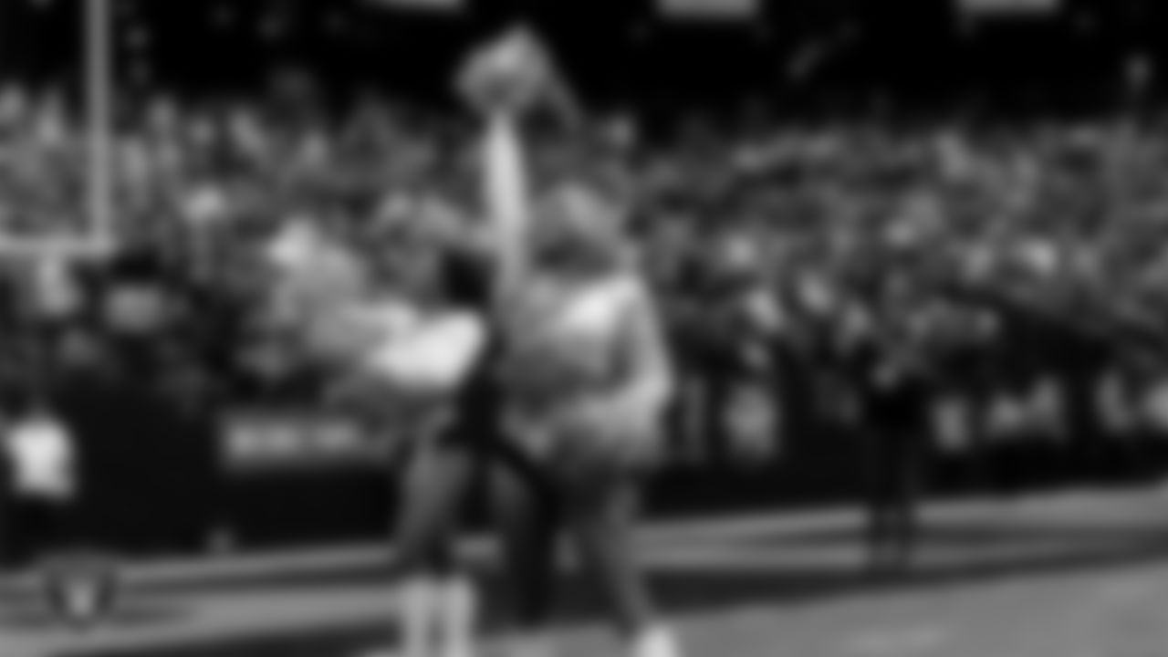 Raiderette Devyn during player introductions before the regular season home game against the Cleveland Browns at Allegiant Stadium.