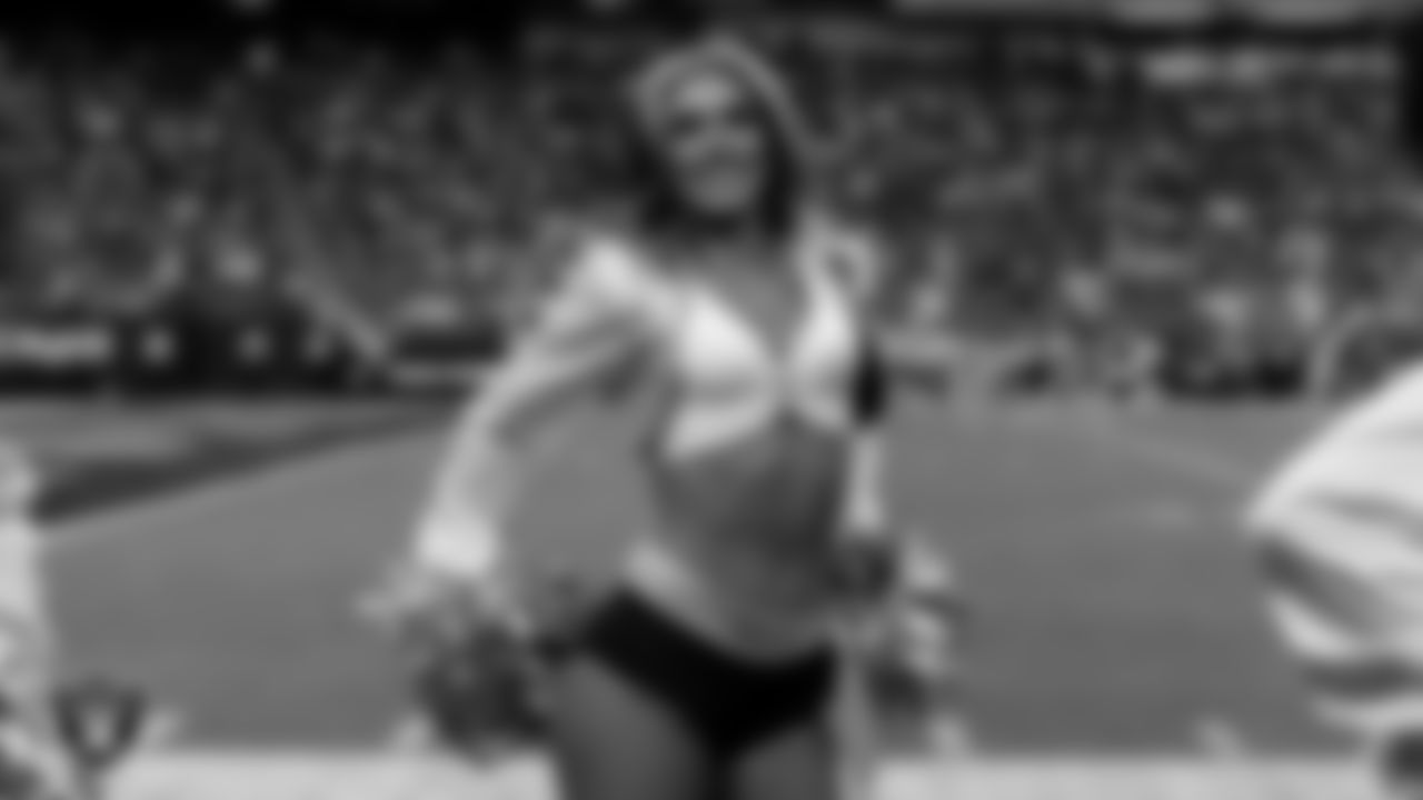 Raiderette Shelby performs on the sidelines during the regular season home game against the Jacksonville Jaguars at Allegiant Stadium.