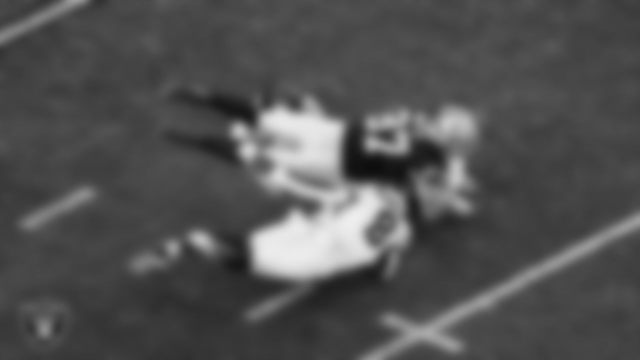 Las Vegas Raiders tight end Michael Mayer (87) after making a catch during the regular season home game against the New York Giants at Allegiant Stadium.