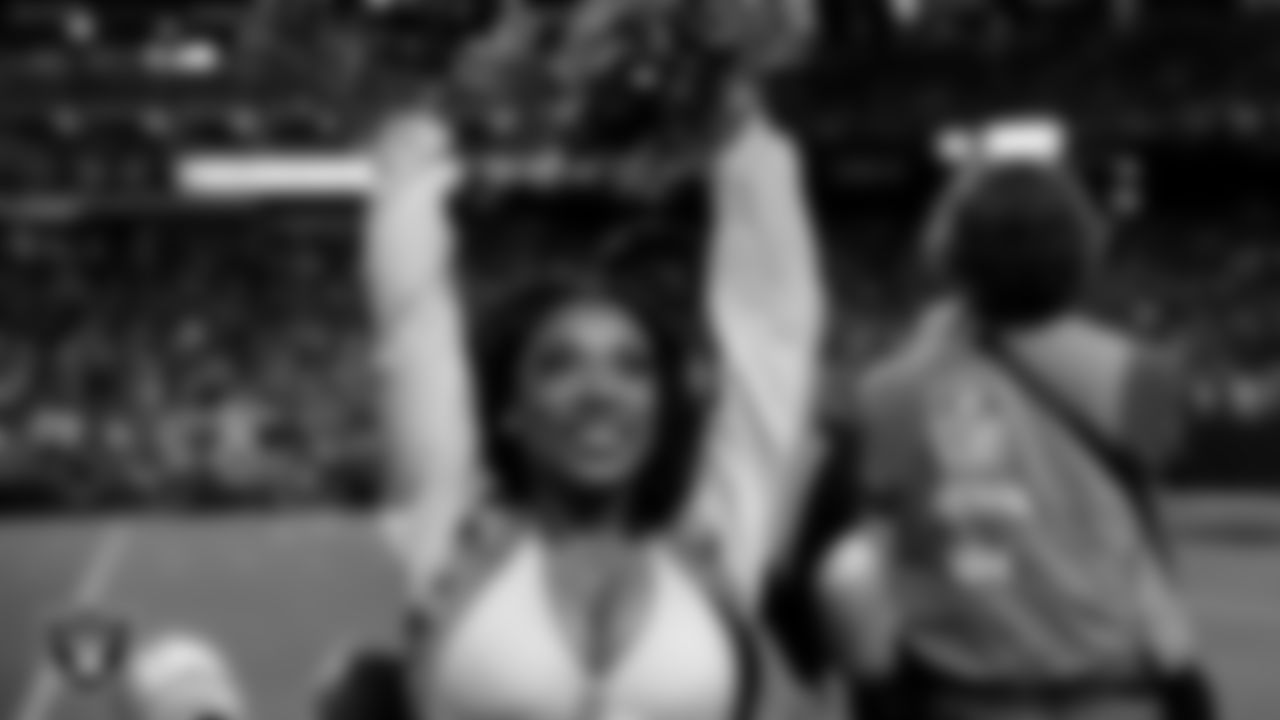 Raiderette Bria on the sidelines during the regular season home game against the Dallas Cowboys at Allegiant Stadium.