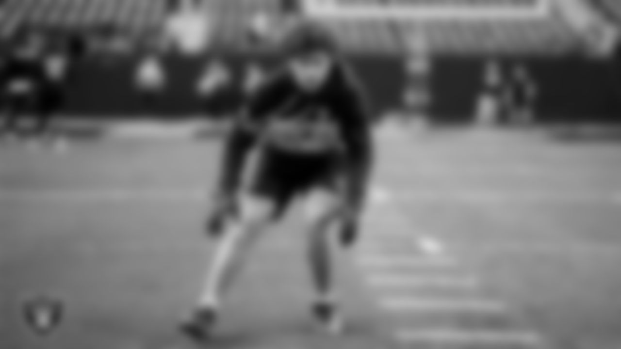 Las Vegas Raiders safety Tristin McCollum (27) warming up before the regular season home game against the New York Giants at Allegiant Stadium.