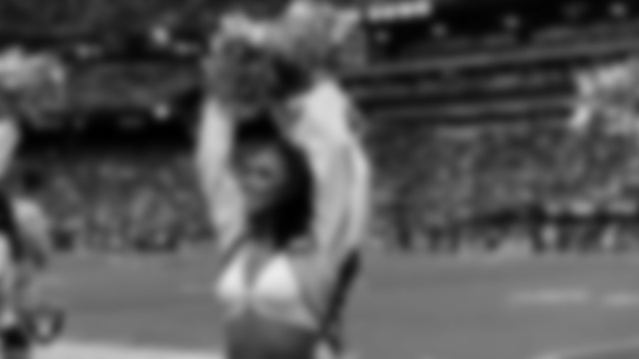 Raiderette Cierra on the sidelines during the regular season home game against the Jacksonville Jaguars at Allegiant Stadium.