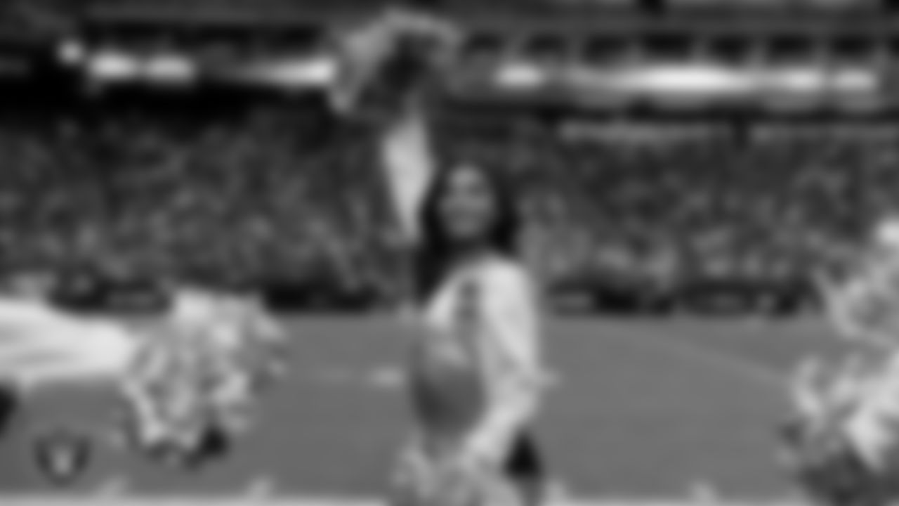 Raiderette Maddie on the sidelines during the regular season home game against the Jacksonville Jaguars at Allegiant Stadium.