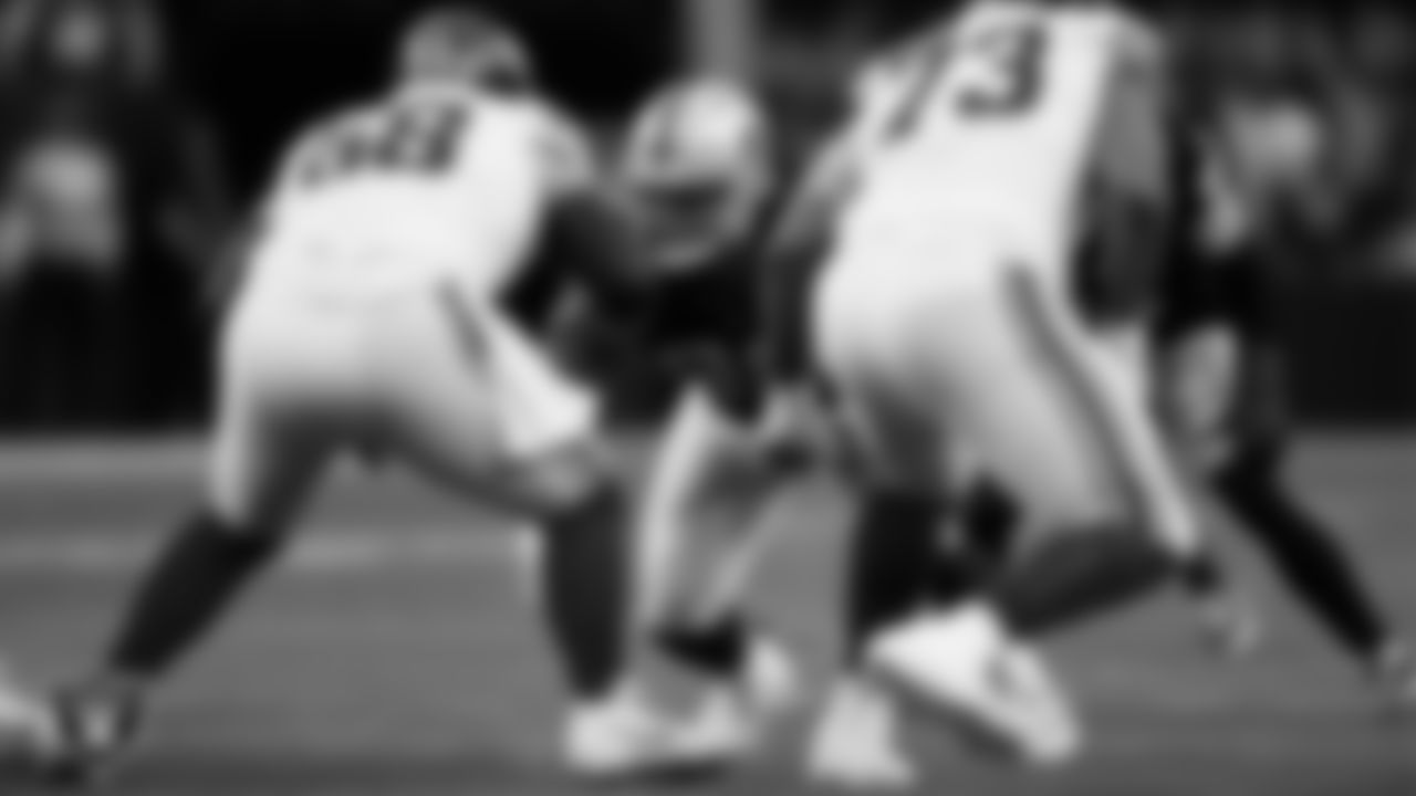 Las Vegas Raiders defensive lineman Jerry Tillery (90) lines up before the snap during the regular season home game against the New York Giants at Allegiant Stadium.