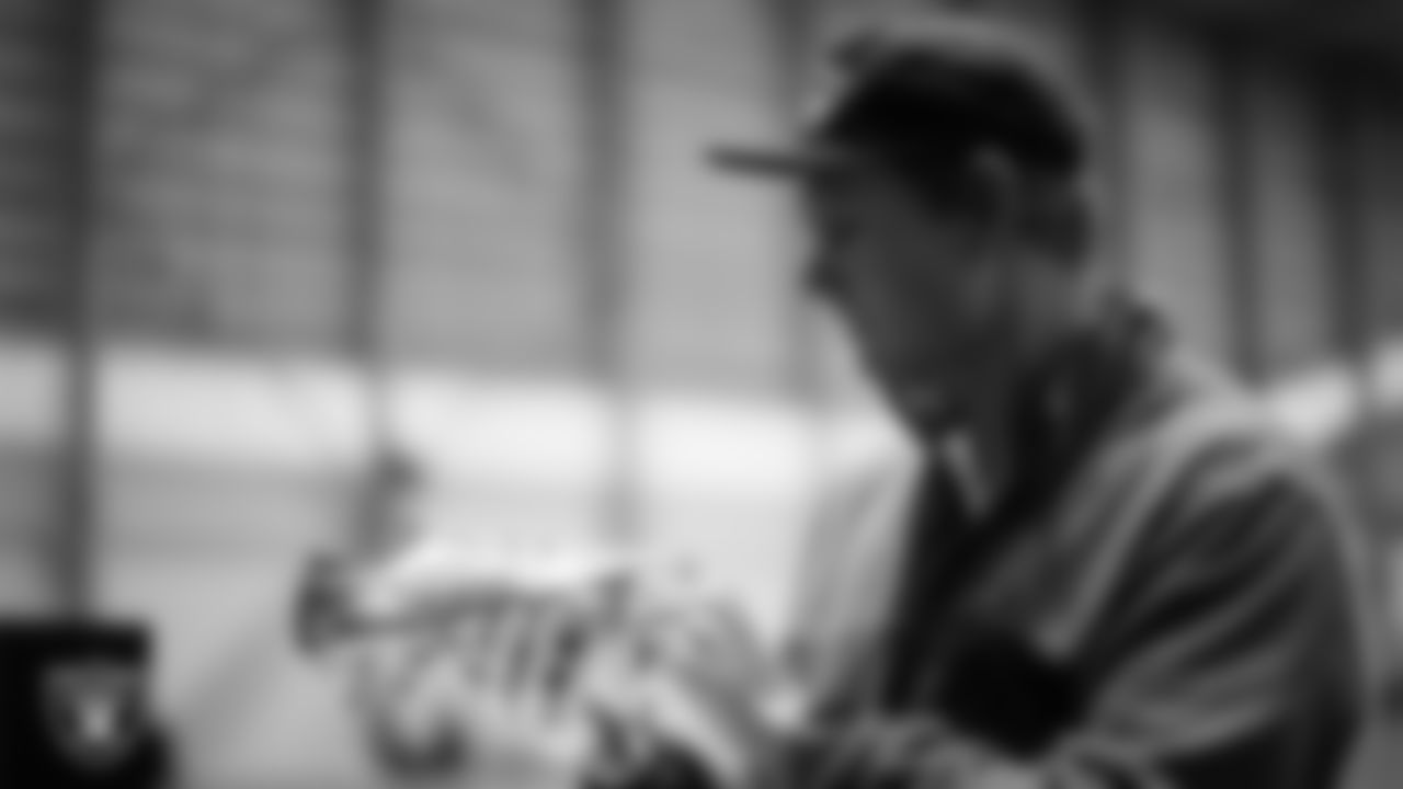 Las Vegas Raiders kicker Daniel Carlson (8) unboxes his custom cleats for the NFL's My Cause My Cleats initiative at Intermountain Health Performance Center.