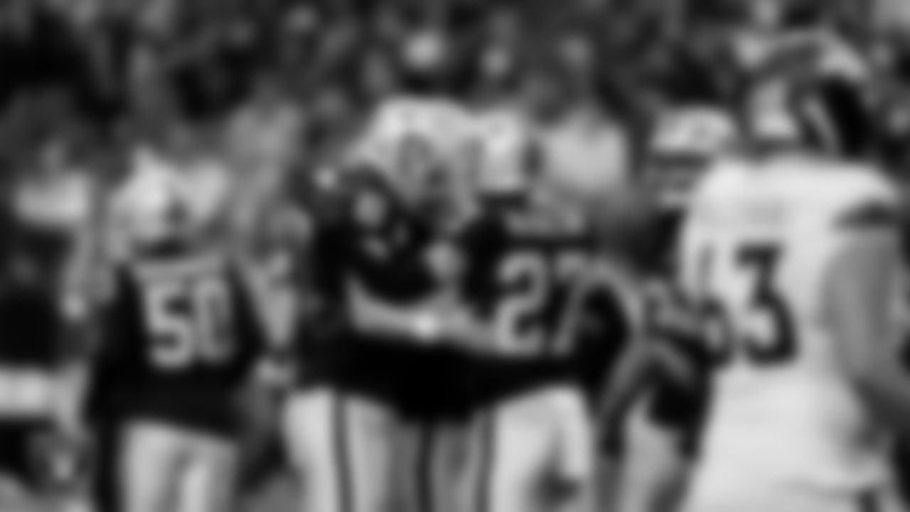 Las Vegas Raiders punter AJ Cole (6) and safety Tristin McCollum (27) during the regular season home game against the Denver Broncos at Allegiant Stadium.