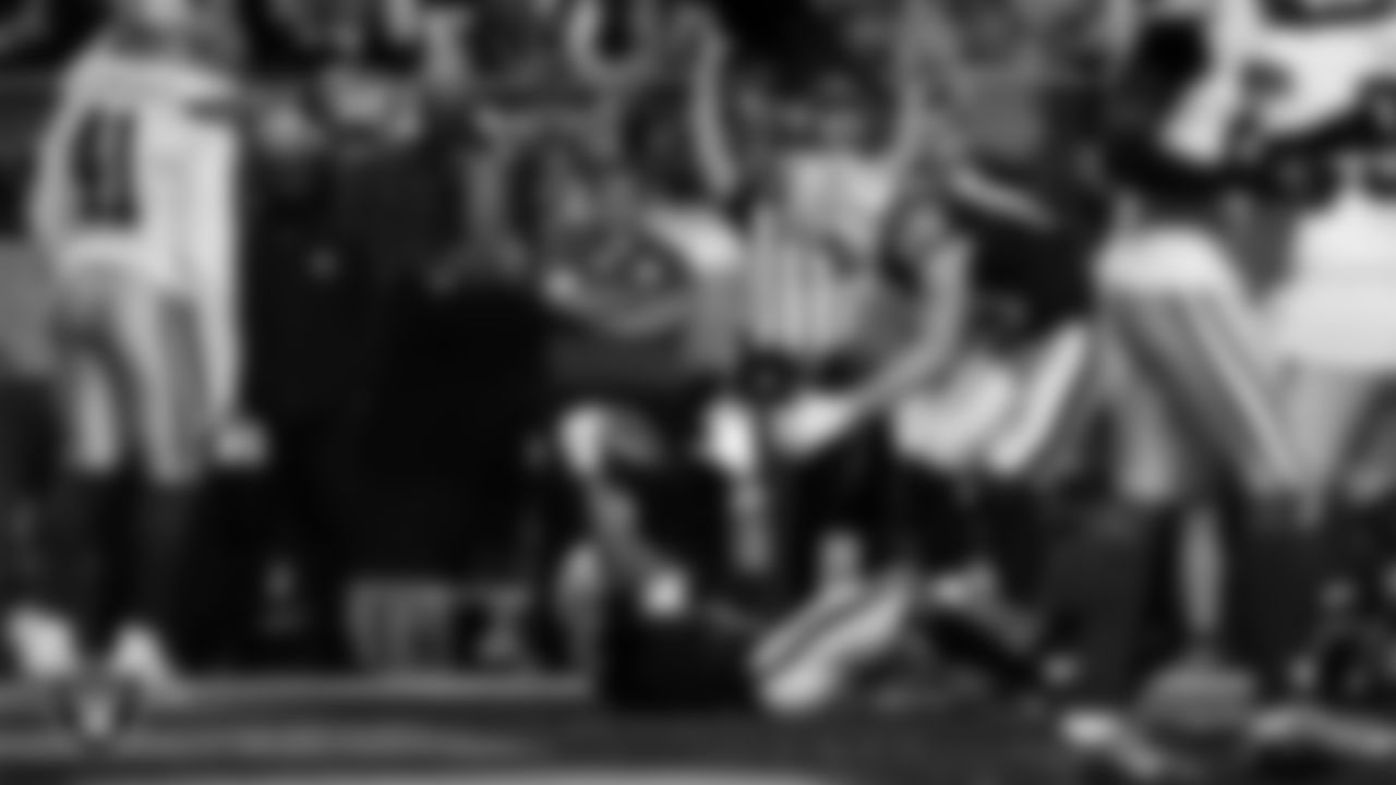 Las Vegas Raiders wide receiver Tre Tucker (1) celebrates after making a 6-yard touchdown catch during the regular season home game against the Dallas Cowboys at Allegiant Stadium.