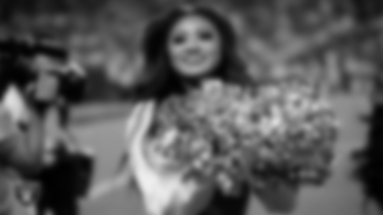 Raiderette Sloane performs on the sidelines during the regular season home game against the Los Angeles Chargers at Allegiant Stadium.