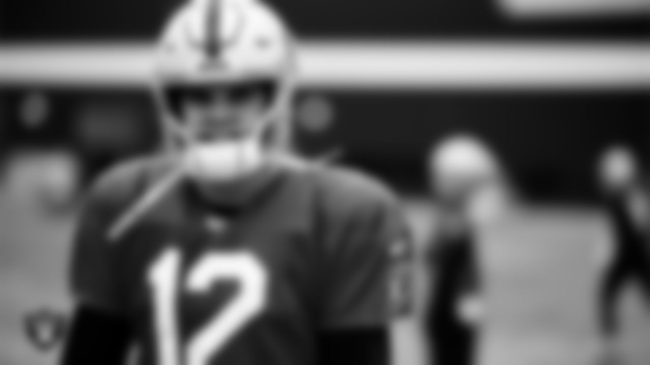 Las Vegas Raiders quarterback Aidan O'Connell (12) during practice at Intermountain Health Performance Center.