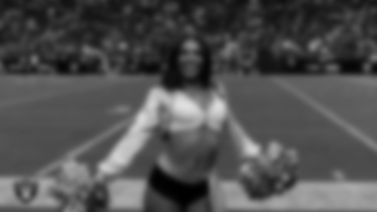 Raiderette Ashtin on the sidelines during the regular season home game against the Jacksonville Jaguars at Allegiant Stadium.