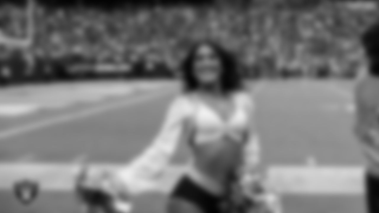 Raiderette Macy on the sidelines during the preseason home game against the San Francisco 49ers at Allegiant Stadium.