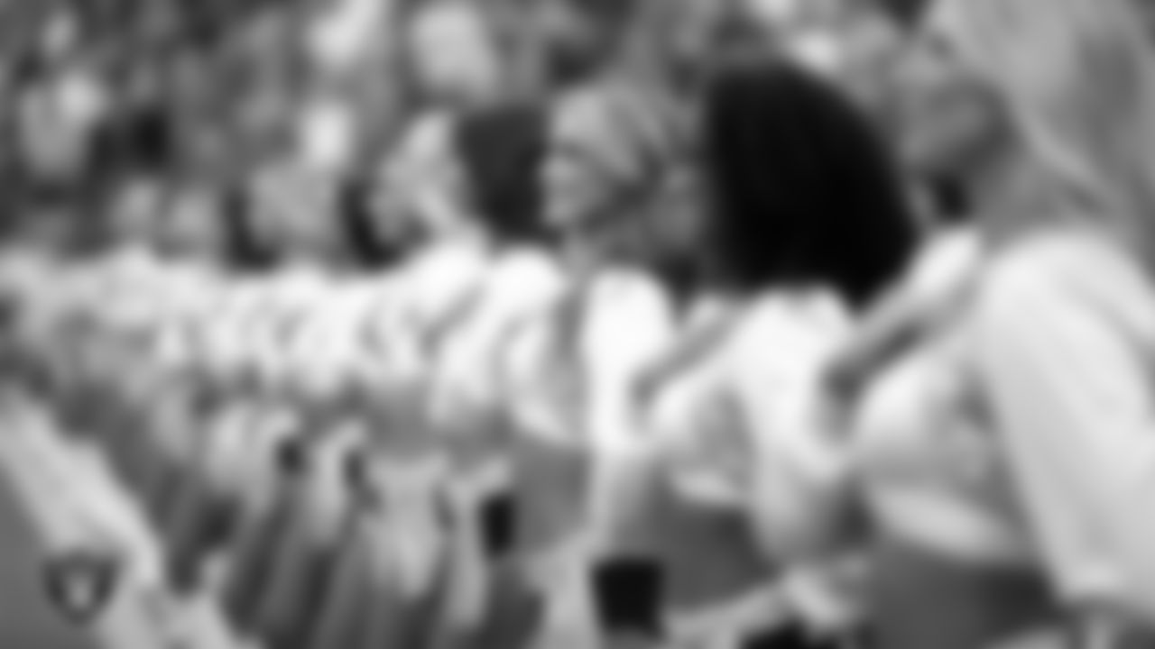 Raiderette Shelby during the national anthem before the preseason home game against the San Francisco 49ers at Allegiant Stadium.