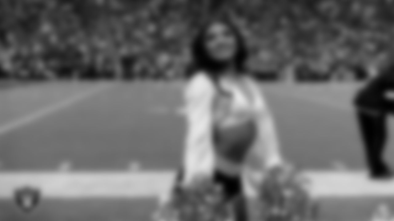 Raiderette Sloane on the sidelines during the regular season home game against the Cleveland Browns at Allegiant Stadium.