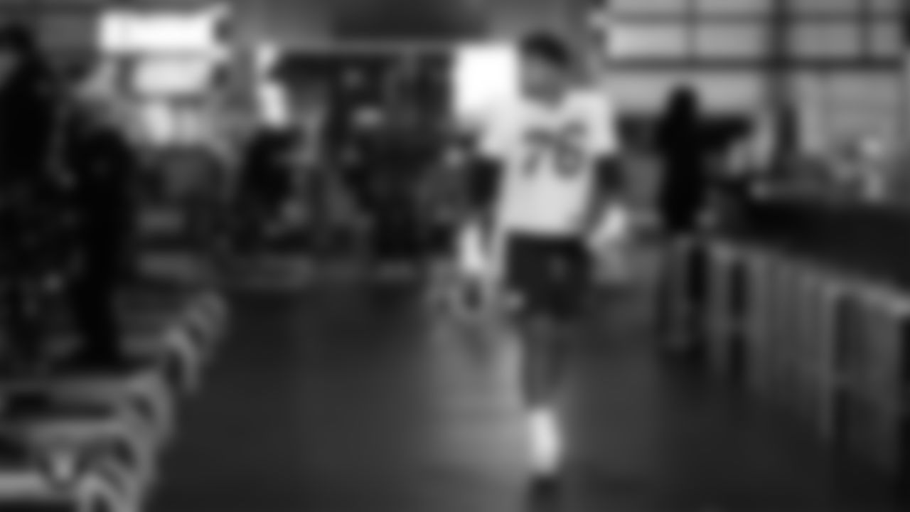 Las Vegas Raiders guard Caleb Rogers (76) in the weight room during practice at Intermountain Health Performance Center.