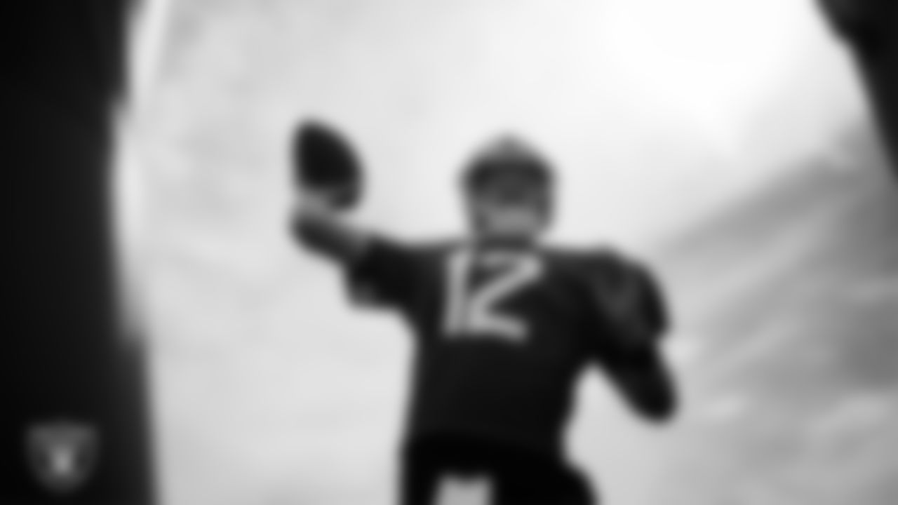 Las Vegas Raiders quarterback Aidan O'Connell (12) during practice at Intermountain Health Performance Center.