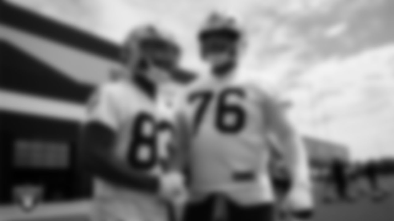 Las Vegas Raiders wide receiver Key'Shawn Smith (83) and guard Caleb Rogers (76) at an Organized Team Activity (OTA) at Intermountain Health Performance Center.