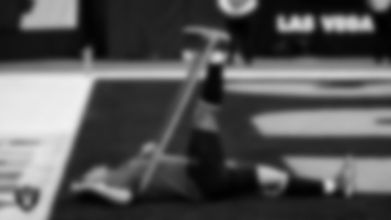 Las Vegas Raiders guard Caleb Rogers (76) warming up before the regular season home game against the Cleveland Browns at Allegiant Stadium.